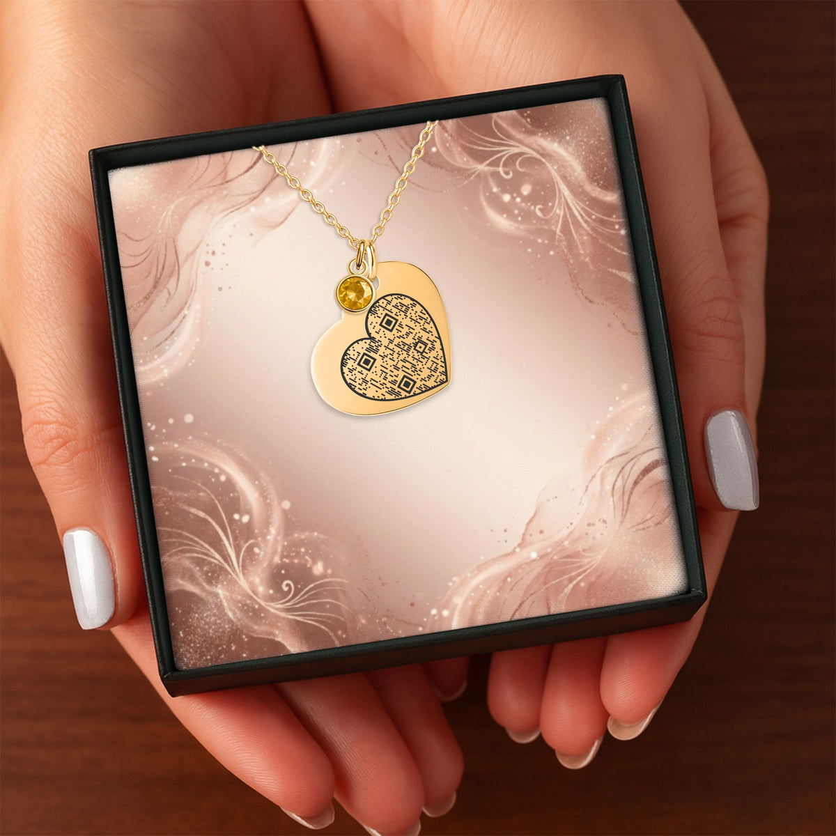 Collier Cœur et pierre de naissance – QR code gravé
