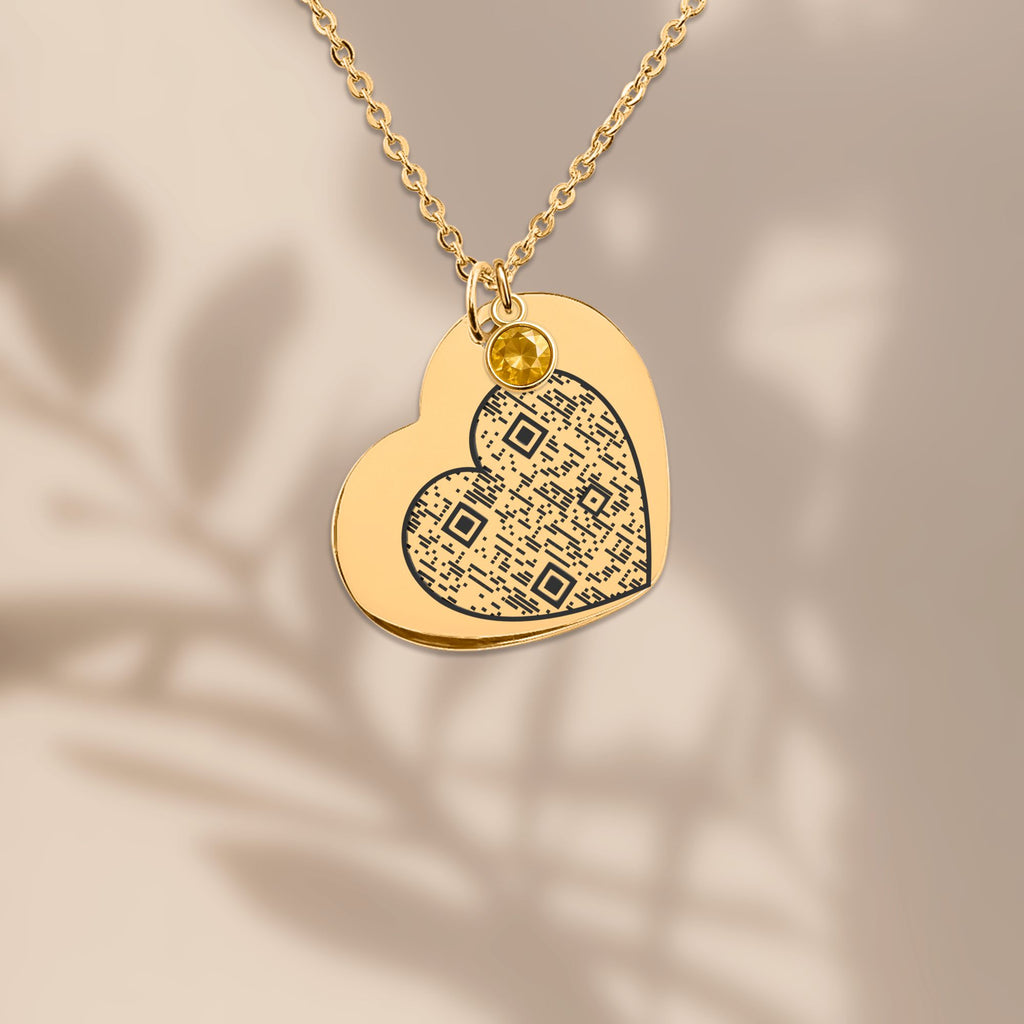 Collier cœur avec pierre de naissance QR code gravé au laser